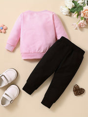 2pcs Baby Girls Heart Print Pink Sweatshirt & Sweatpants