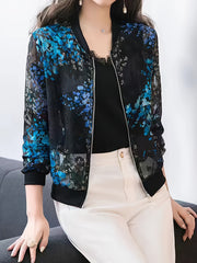 Floral Print Cover Up Shirt Long Sleeves Semi Sheer Zip Front