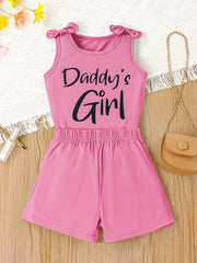 2pcs Girls Casual DADDY'S GIRL Letter Graphic Print Bow Shoulder Sleeveless Set