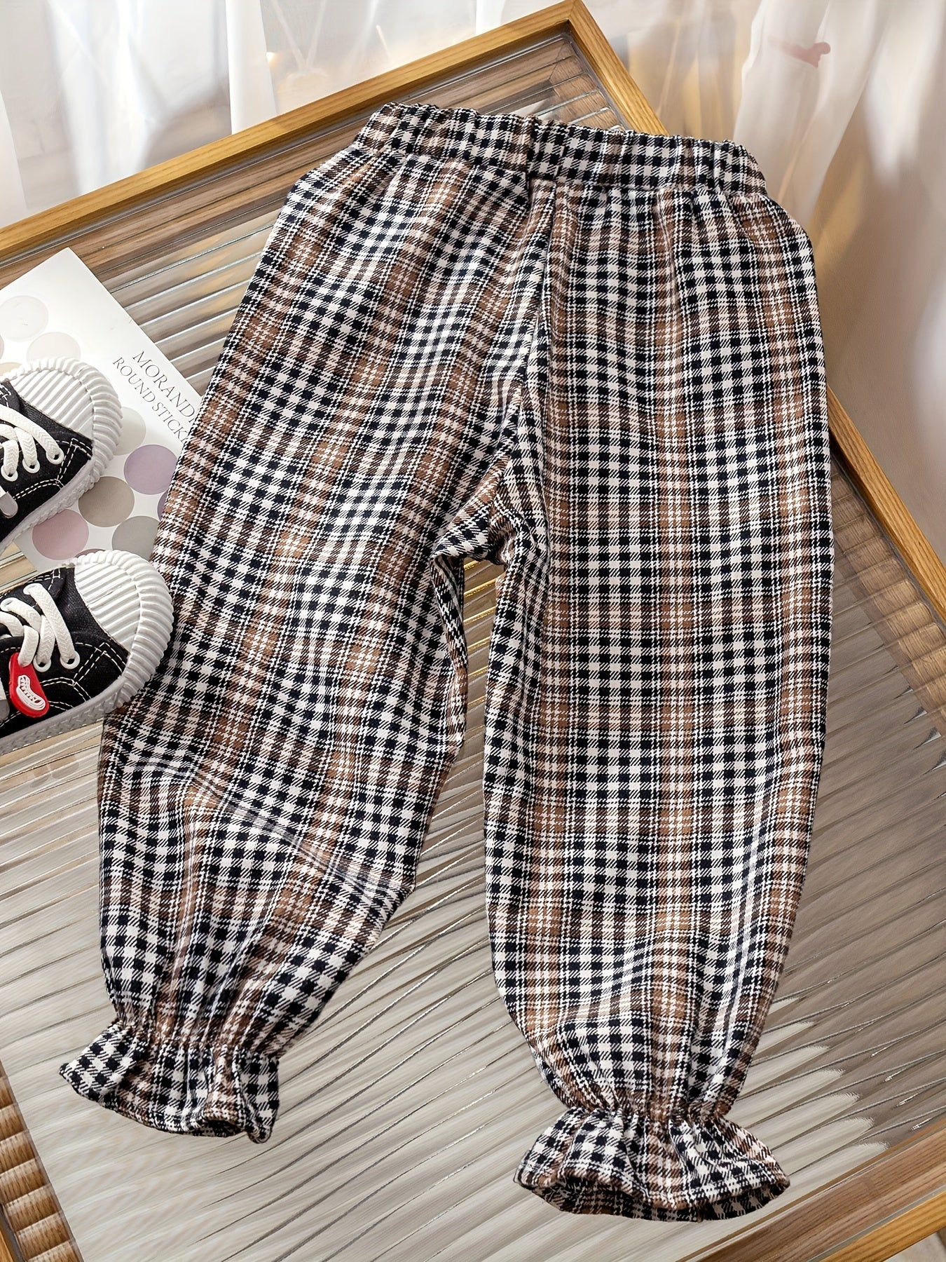 Girls' Plaid Print Ruffle Jogger Trousers For Kids Outfit