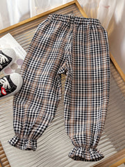 Girls' Plaid Print Ruffle Jogger Trousers For Kids Outfit