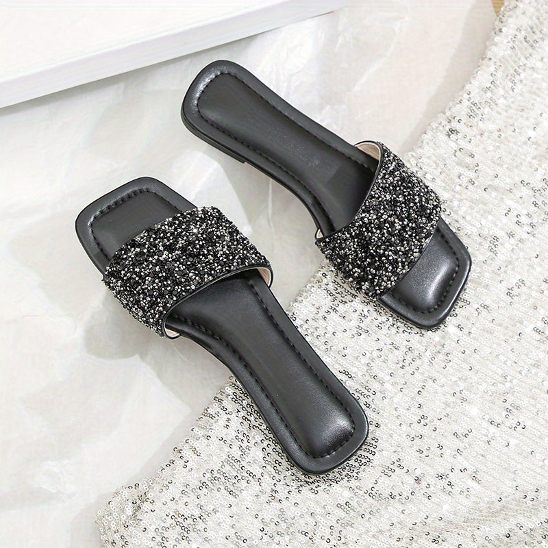 Sequins Flat Slippers Glitter Open Toe Non slip Casual Square Toe Slippers