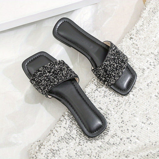 Sequins Flat Slippers Glitter Open Toe Non slip Casual Square Toe Slippers
