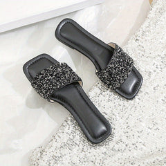 Sequins Flat Slippers Glitter Open Toe Non slip Casual Square Toe Slippers