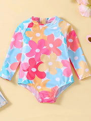 Toddler Girls Flower Graphic Half Zip Long Sleeve Swimsuit