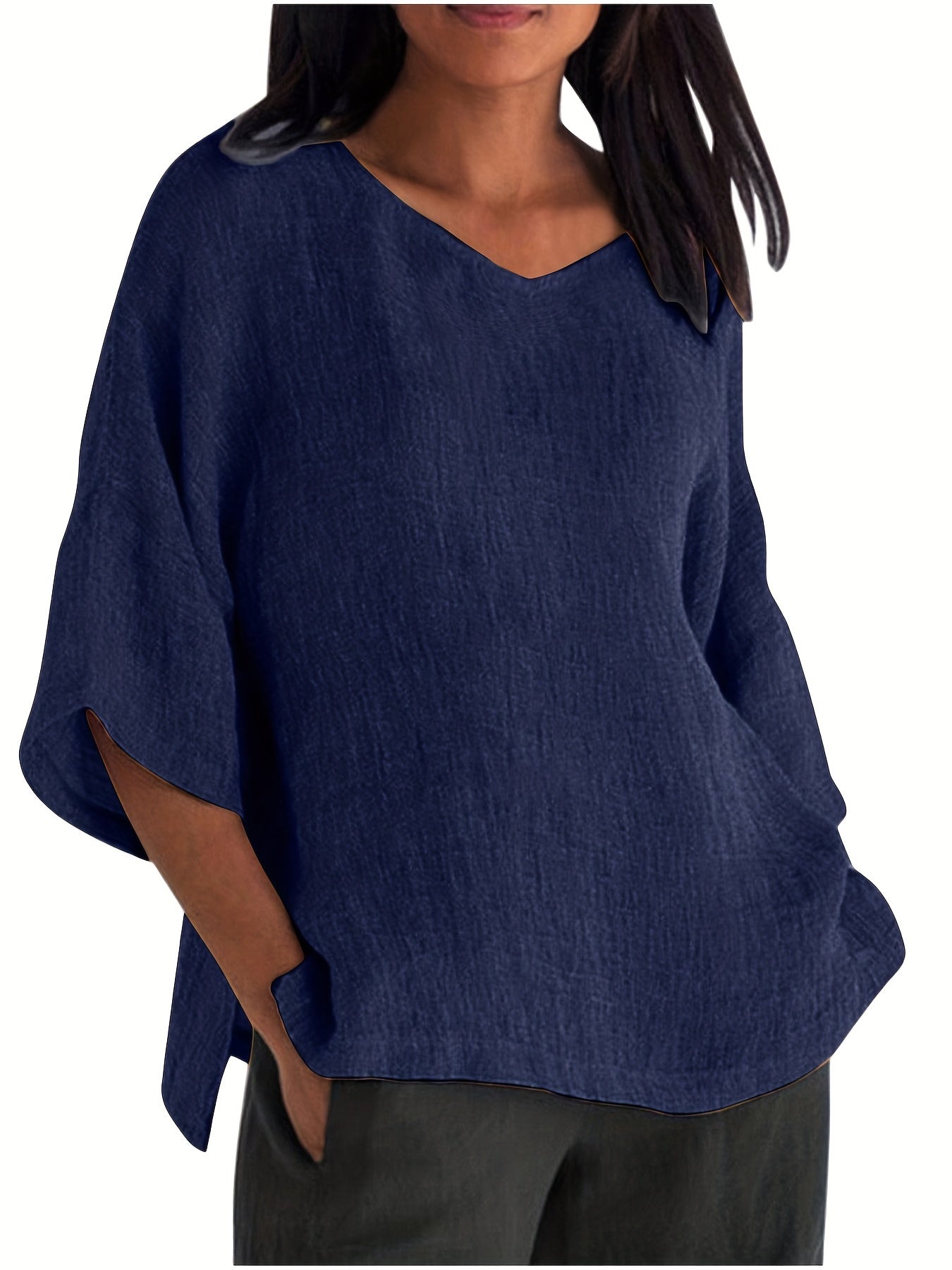 Basic Blouse Women's Plus Solid Three Quarter Sleeve V Neck Top