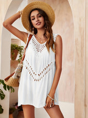 Colorblock Crochet Cover Up Shirt Hollow Out V Neck Casual Cover Dress
