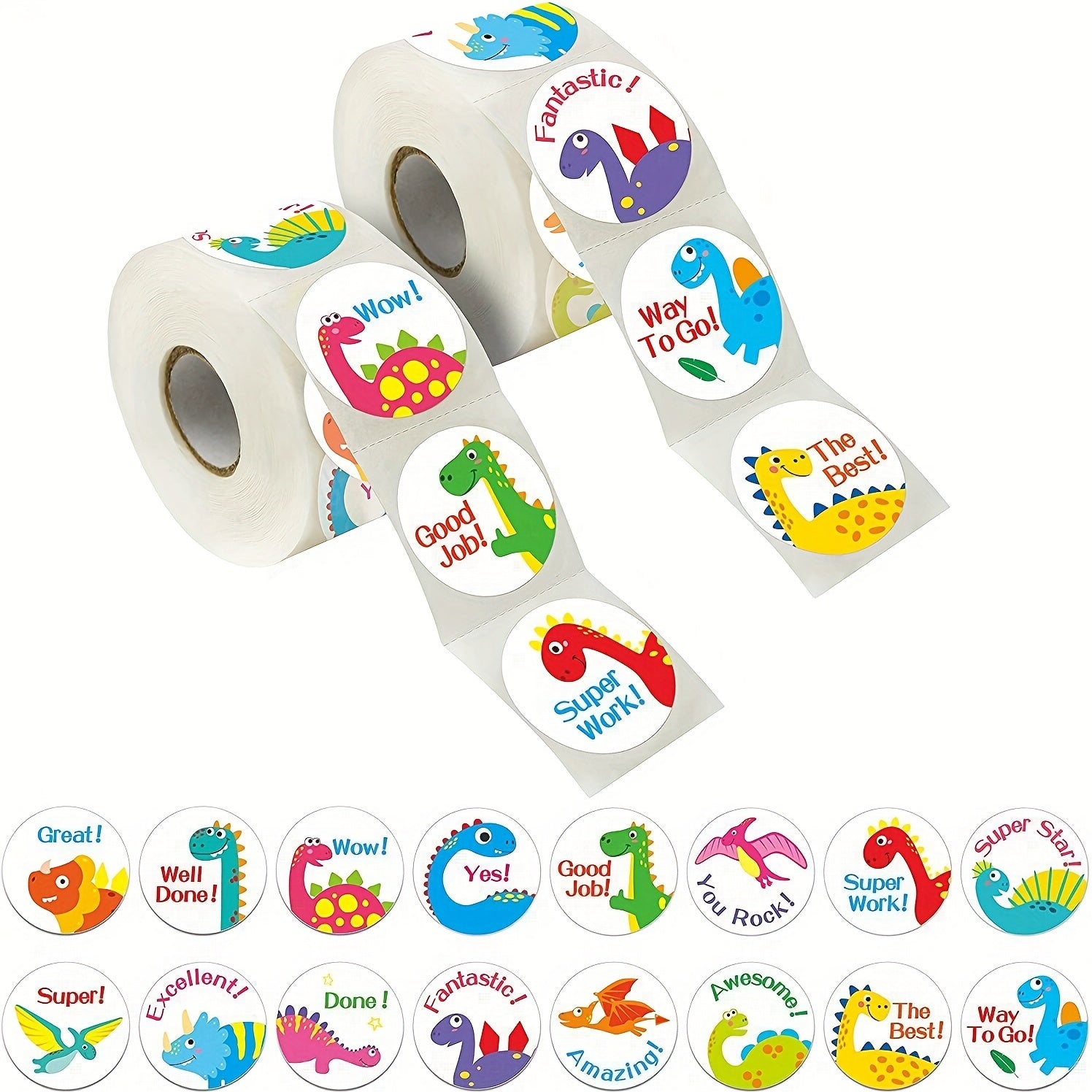 500 Holiday Cartoon Dinosaur Thank You Stickers Roll