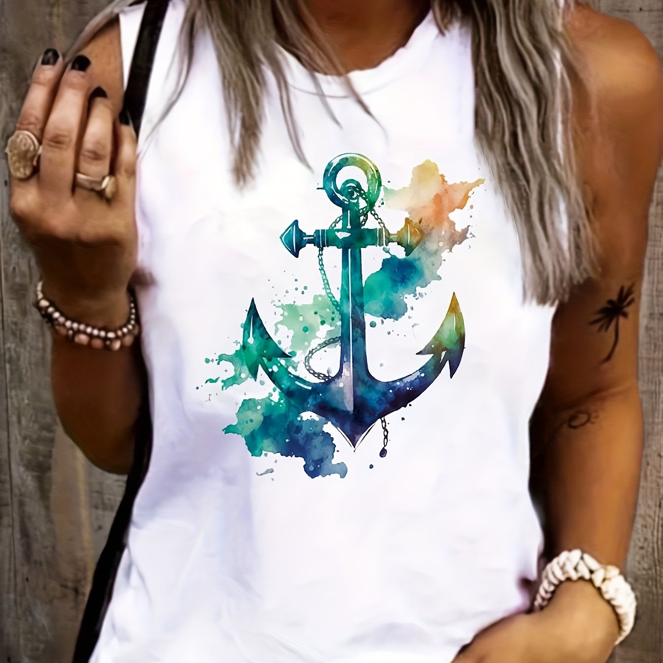 Watercolor Anchor Print Tank Top Sleeveless Summer Women's Top