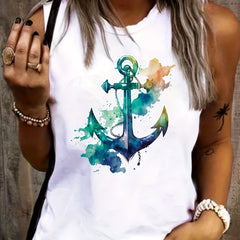 Watercolor Anchor Print Tank Top Sleeveless Summer Women's Top