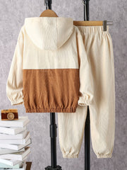 Boy's Corduroy Zipper Hoodie & Sweatpants Set for Spring Fall