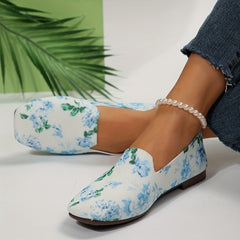 Floral Print Flat Shoes Square Toe Breathable Knit Lightweight Walking Shoes