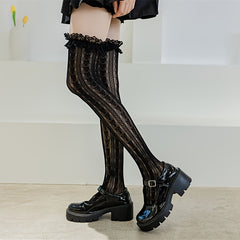Heart Print Stockings Lolita Ruffle Lace Mesh Socks Women's Stockings