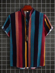 Ethnic Stripe Print Men s Casual Short Sleeve Shirt Summer Vacation Resort Tops