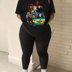 Figures Print Short Sleeve T shirt & Solid Leggings Set