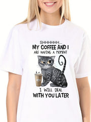 Cat & Coffee & Letter Print T shirt Crew Neck Short Sleeve Loose Top