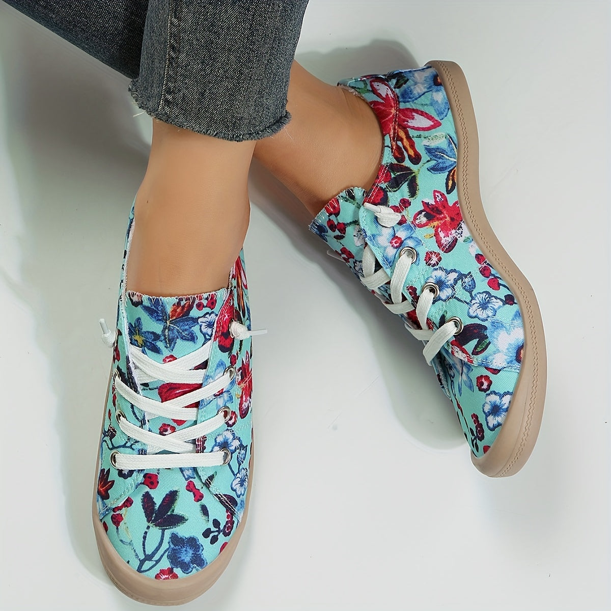 Floral Print Canvas Lace Up Flat Sneakers for Women