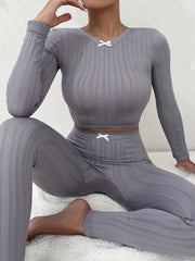 Solid Textured Pajama Set Long Sleeve Crew Neck Top & Stretchy Pants