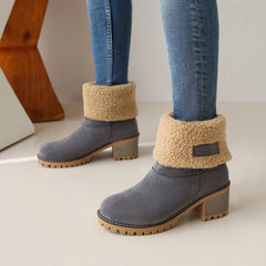 Women's Plush Lined Ankle Boots Thermal Round Toe Chunky Heeled Boots