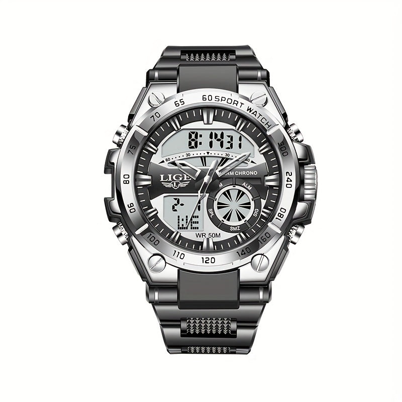 LIGE Sports Dual Display Watch 50M Waterproof Quartz Military Alarm Clock