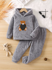 Girls Cartoon Fleece Hooded Sweatshirt & Pants Set