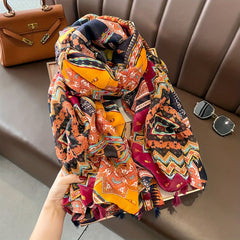 Floral Printed Boho Scarf Lightweight Fringed Shawl for Women