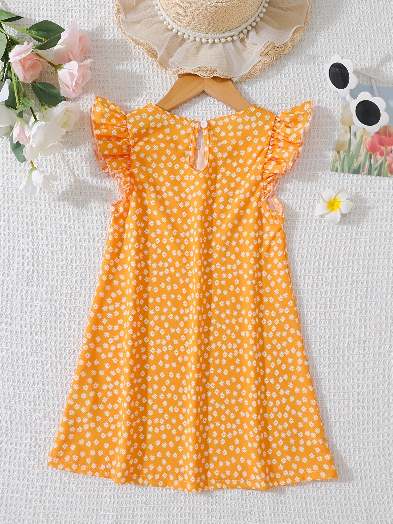 Girls Daisy Floral Print Ruffle Sleeve Dress