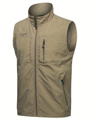 Men's Zipper Pockets Cargo Vest, Stand Collar Zip Up Vest