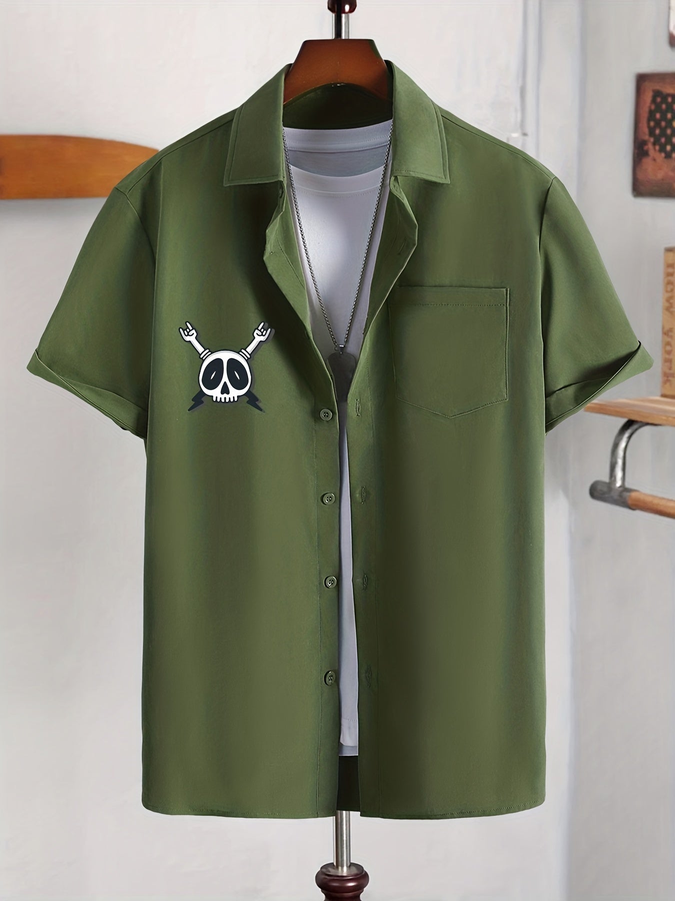 Skull Hot Dog & Letter Graphic Print Men's Casual Lapel Shirt