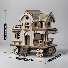 3D Wooden Puzzle Villa House Mobile House with Wheels Model of a Wooden Caf Bar
