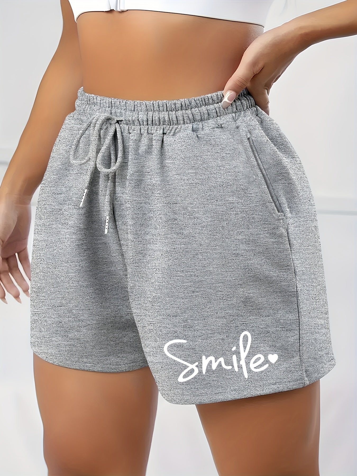 Plus Size Women's Letter Print Sports Shorts with Pockets
