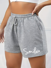 Plus Size Women's Letter Print Sports Shorts with Pockets