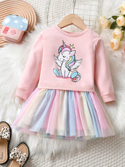 Girls Unicorn Long Sleeve Tutu Dress Tulle Stitching Casual Dress