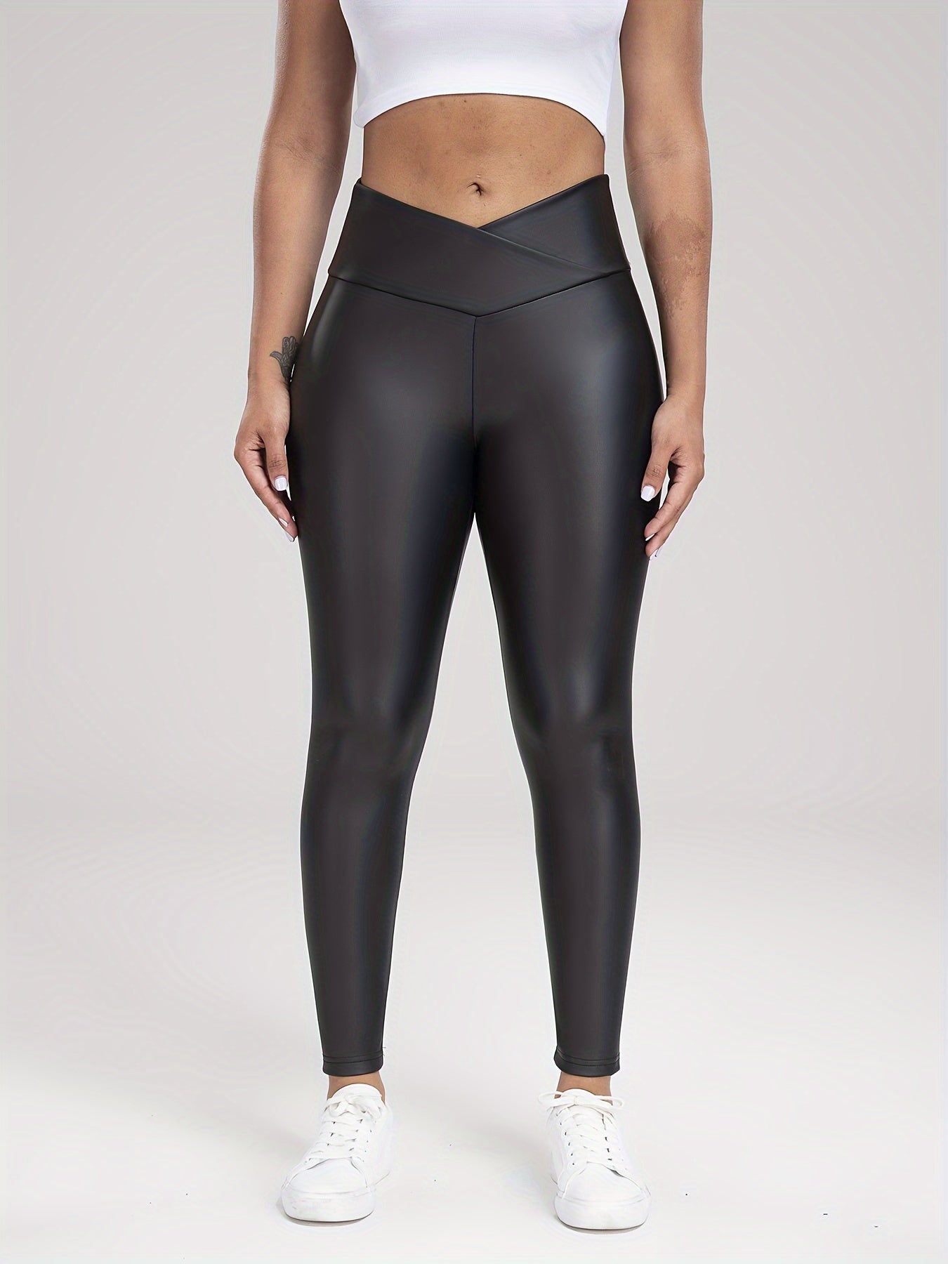 Faux PU Leather Cross Waist Fitness Gym Sports Leggings