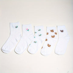 Sweet Crew Socks Teddy Bear & Floral Embroidery Women's Stockings