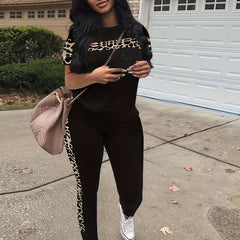 Leopard Panel Tee & Pants Outfit Set