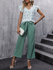 Ruffle Sleeve V Neck Blouse & Wide Leg Pants Set
