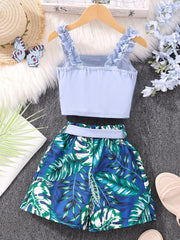 2pcs Girls Frilled Strap Top Tropical Belted Shorts Set