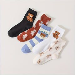 5 Pairs Cartoon Bear Print Socks Women's Stockings
