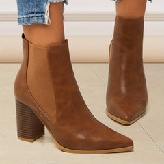 Women's Block Heel Ankle Boots Pointed Toe Slip On Faux Leather Shoes
