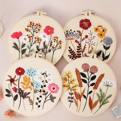 4pcs Floral Embroidery Kit Hoops Floss Threads Needles Cross Stitch Kits