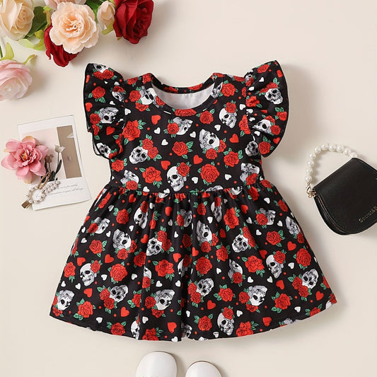 Baby Girl's Skull & Rose Flutter Sleeve Dress
