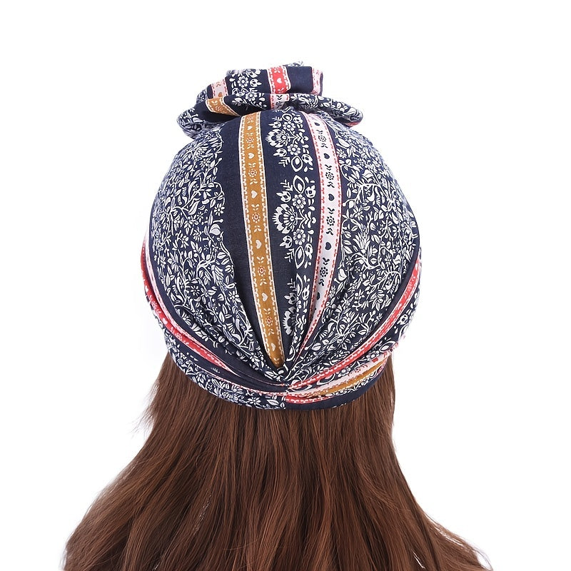Boho Print Swirl Knotted Turban Cap Hair Bonnet Women's Hat