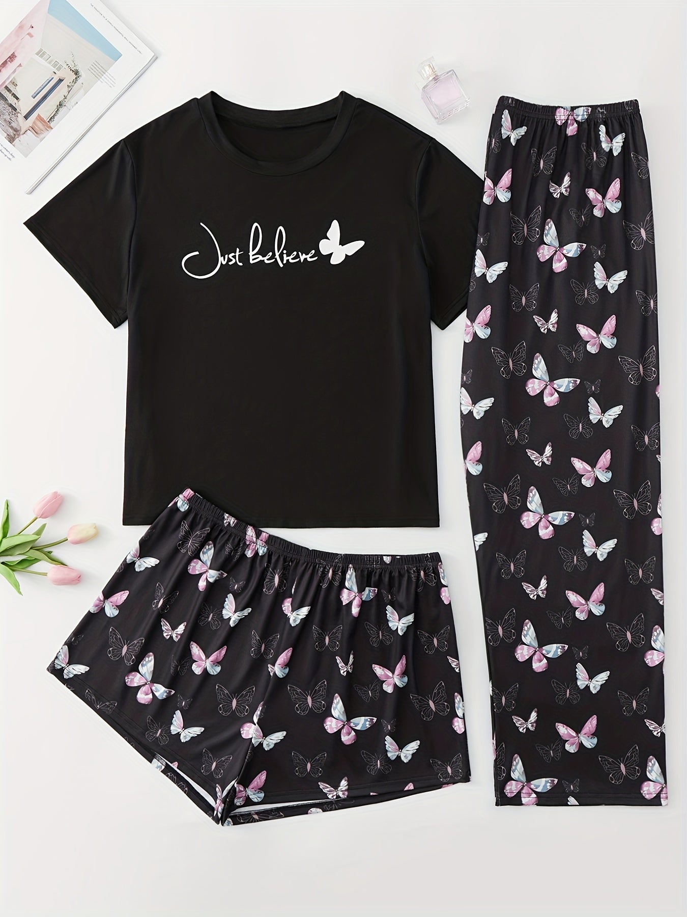 Butterfly Print Tee & Shorts & Pants Loungewear Set