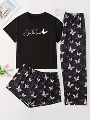Butterfly Print Tee & Shorts & Pants Loungewear Set