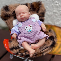 6 Inch Silicone Girl Doll in Purple Overalls with Unicorn Patch
