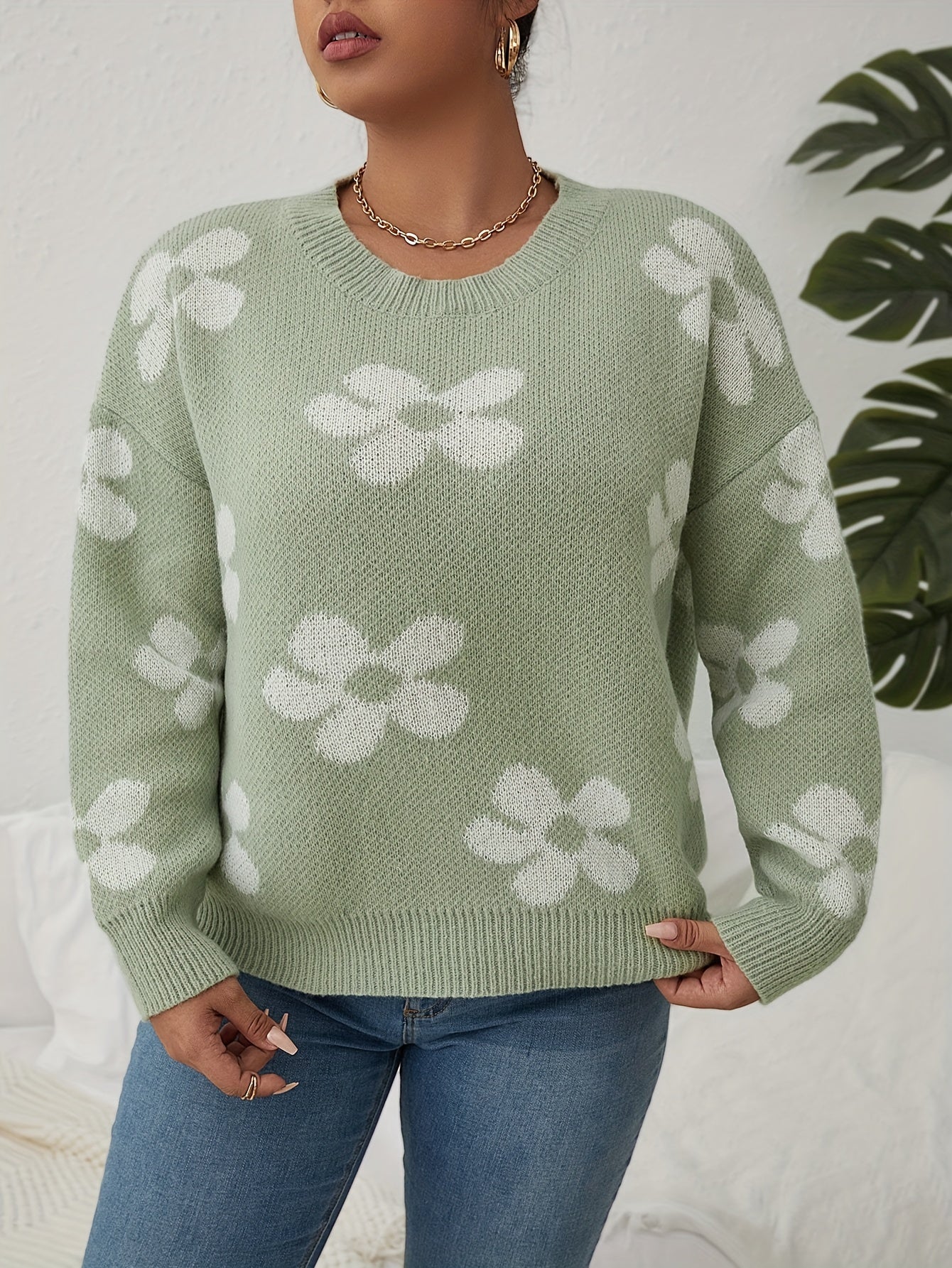 Floral Pattern Sweater Long Sleeve Round Neck Pullover