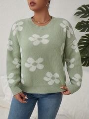 Floral Pattern Sweater Long Sleeve Round Neck Pullover