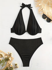Basic Bikini Set Women's Plus Plain Halter Neck Medium Stretch
