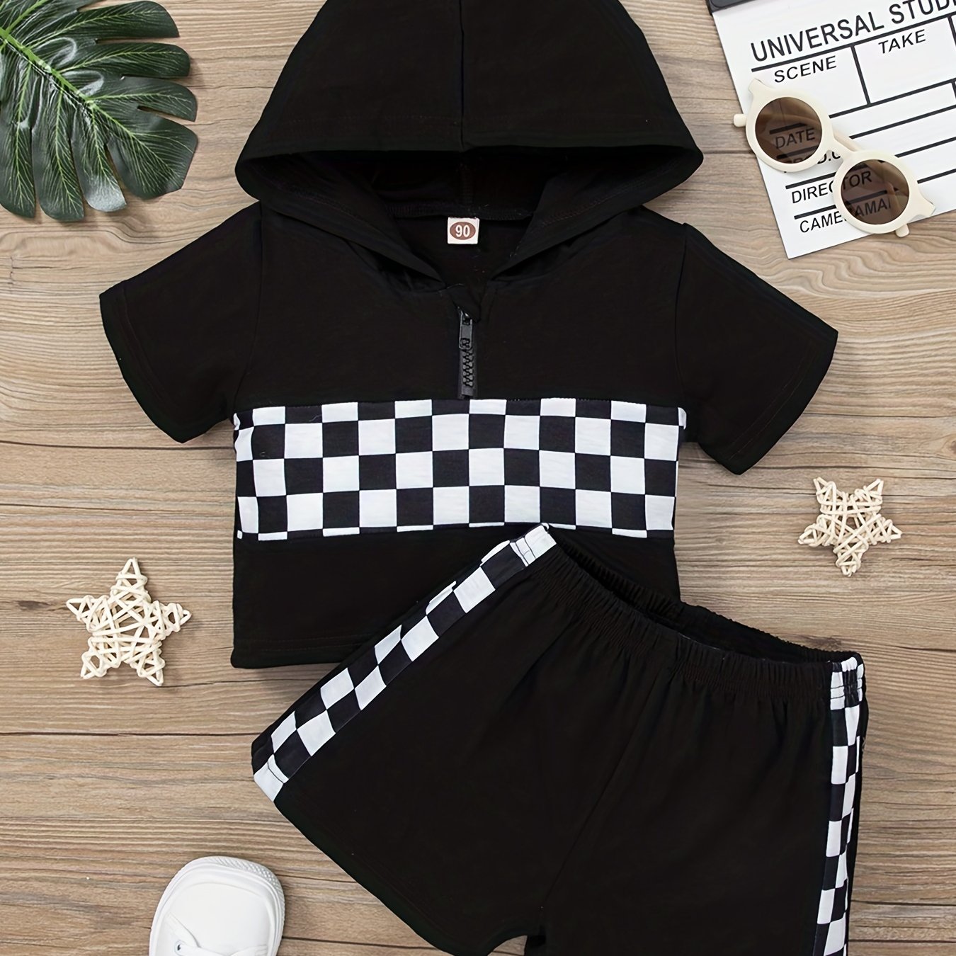 2pcs Girls Plaid Hooded T Shirts Zipper Tees Top & Shorts Set